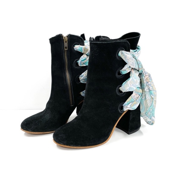 RARE Freebird Tempo Black Suede Blue Scarf Ankle Boots - Picture 4 of 8